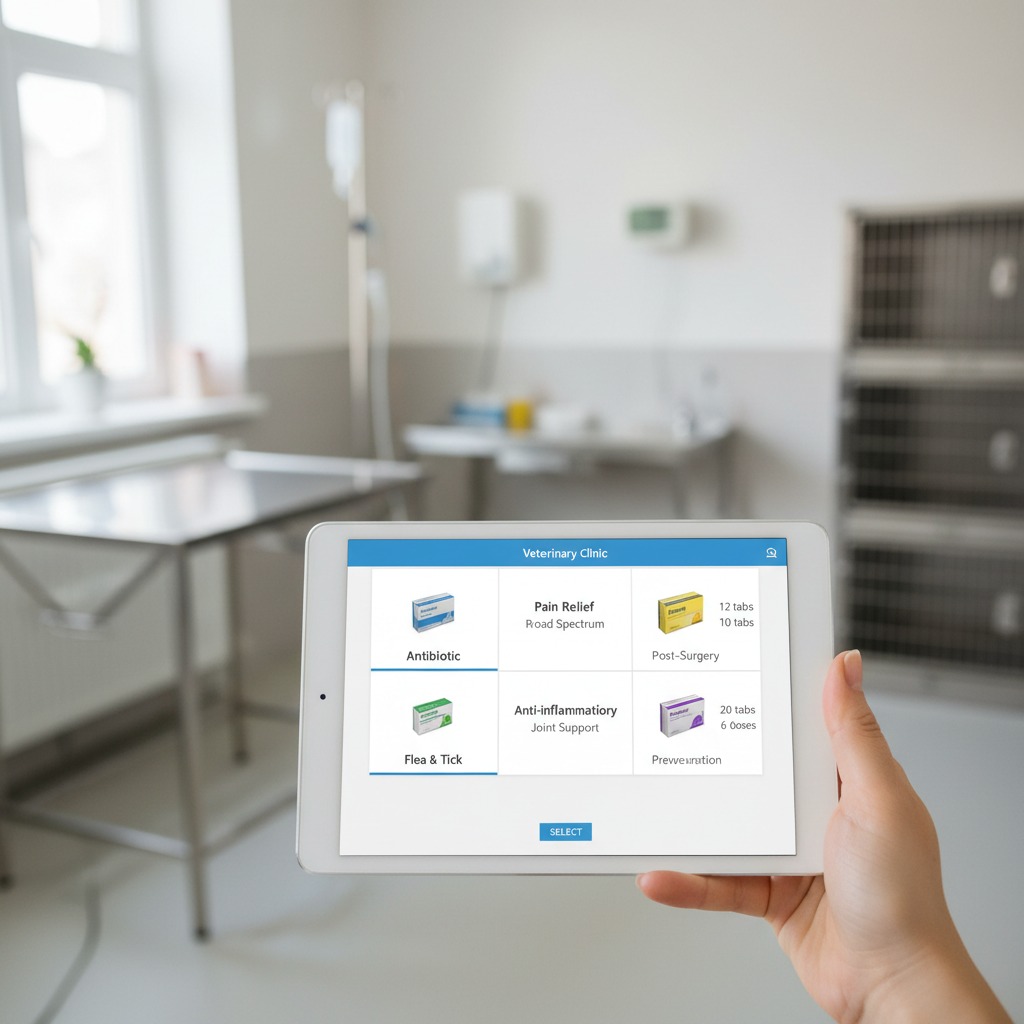 Una mano tiene un tablet che mostra un'interfaccia digitale per la selezione di farmaci veterinari all'interno di una clinica.