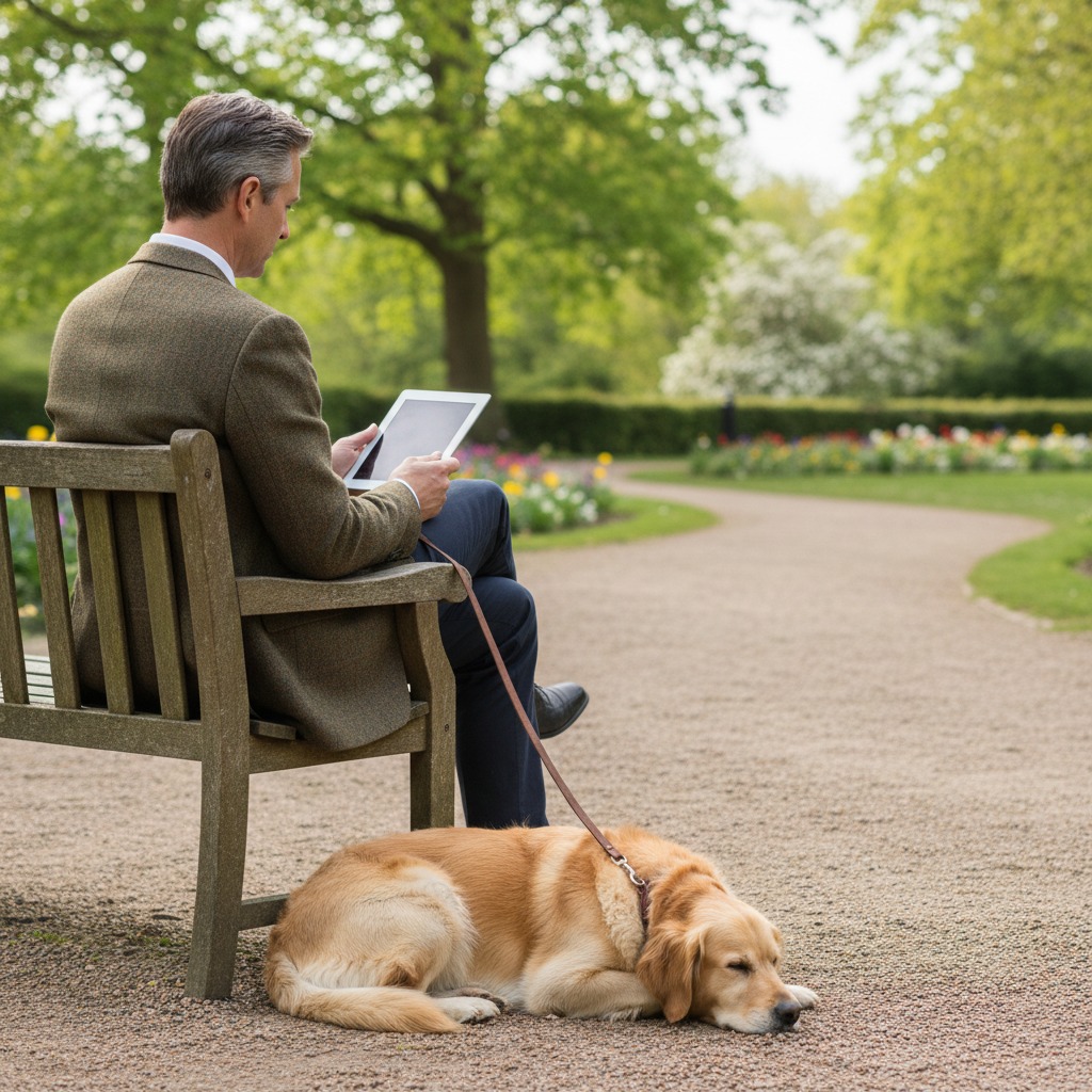 Un uomo in giacca e cravatta siede su una panchina in un parco e utilizza un tablet, mentre il suo cane è accucciato ai suoi piedi.